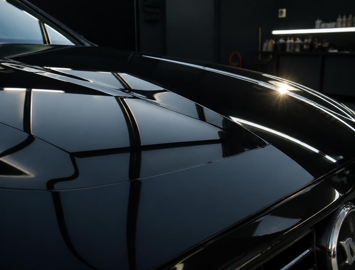 Completed hail repair with original factory paint — Hood — dense hail dimpling